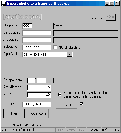 Export Barre da Giacenze
